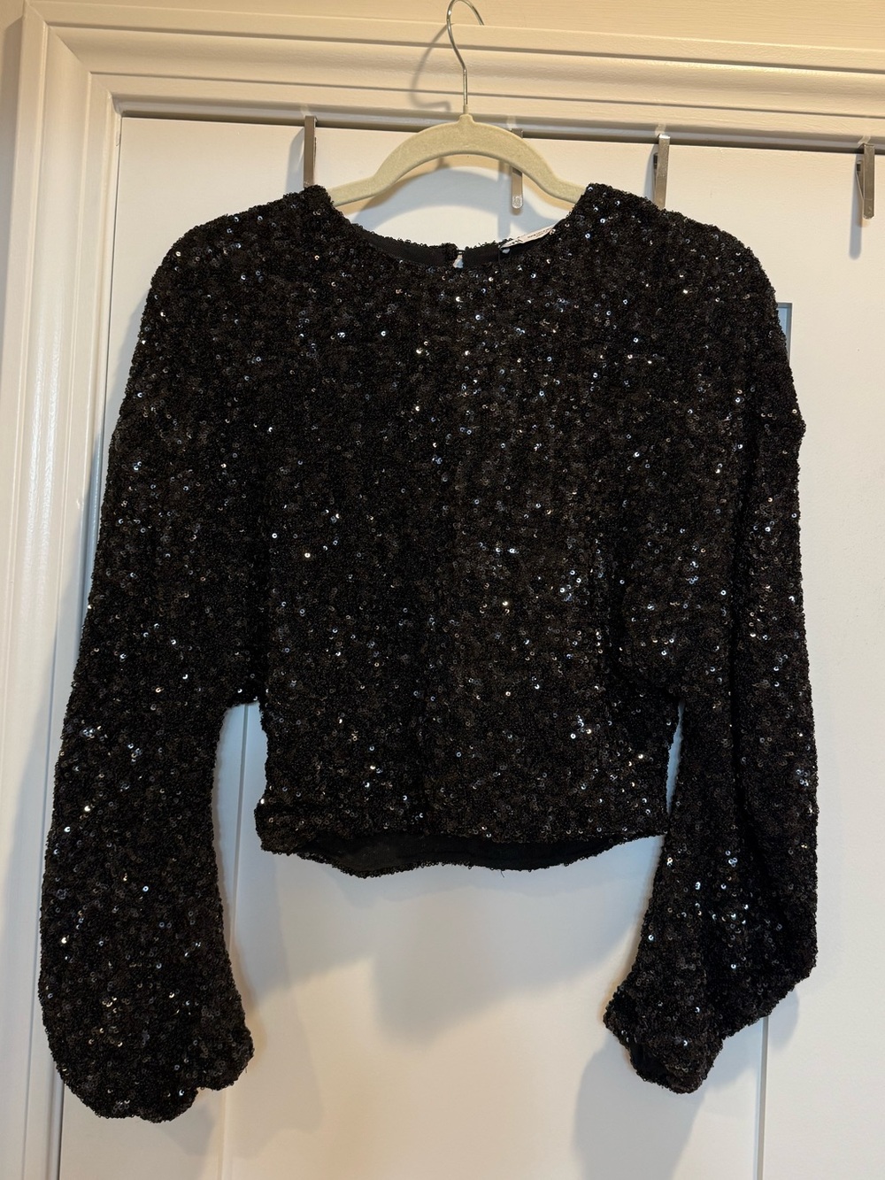 Europe Zara Black Sequin Cropped Long-Sleeve Top - S
